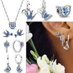 2024 Spring 925 Silver Earring Sparkling Blue Butterfly Hoop Earring Swallow Stud Earring DIY Europe Earring Women Fine Jewelry