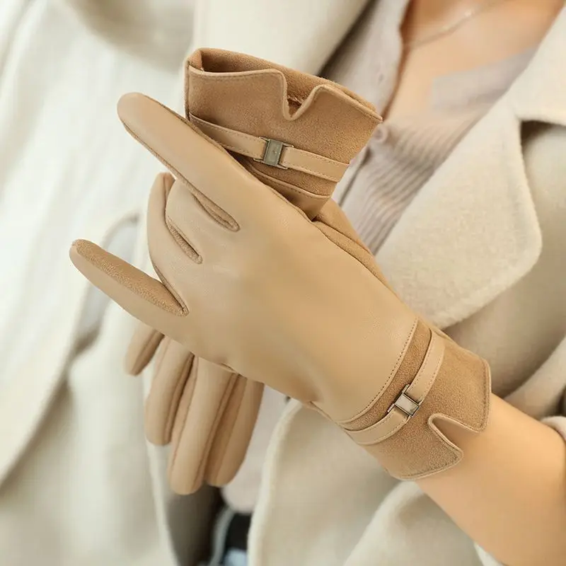 Fashion Metal Chain PU Leather Gloves Outdoor Sport Cycling Skiing Windproof Women Winter Plus Velvet Thicken Touch Screen Warm