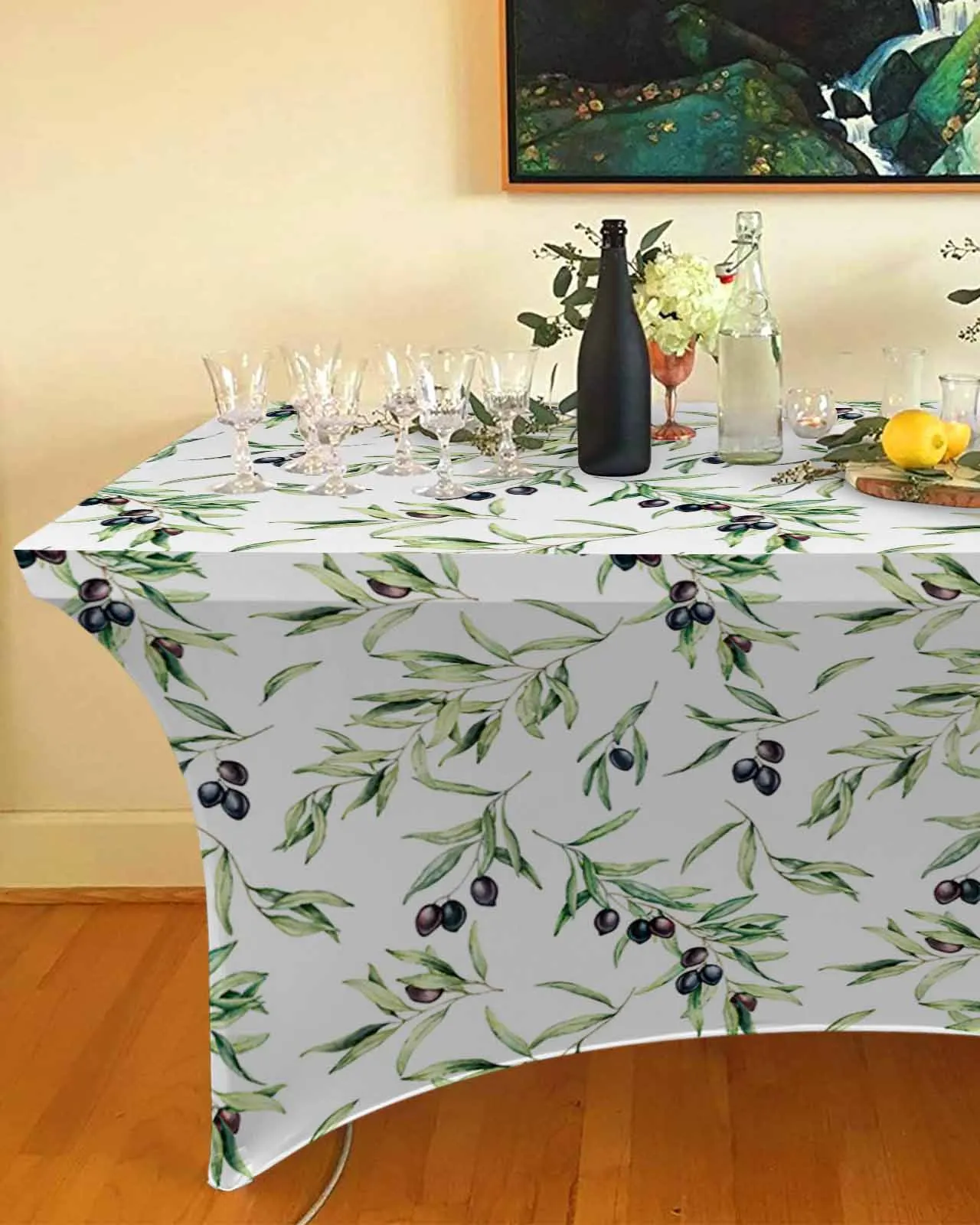 Saia De Mesa Elástica Com Textura De Folha De Oliveira, Decoração De Mesa De Aquarela, Toalha De Mesa Para Festa, Casamento, Aniversário