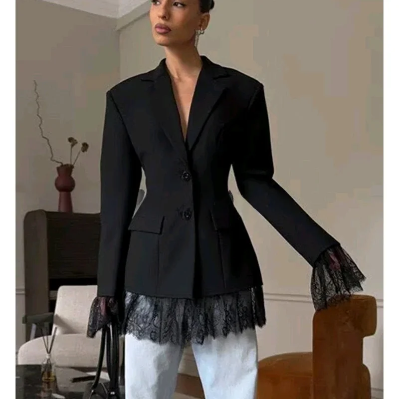 Costume d'affaires pour femmes Jaet hiver nouveau Sle Long Sve coupe ajustée dentelle épissage taille cintrée trajet Sle bouton unique