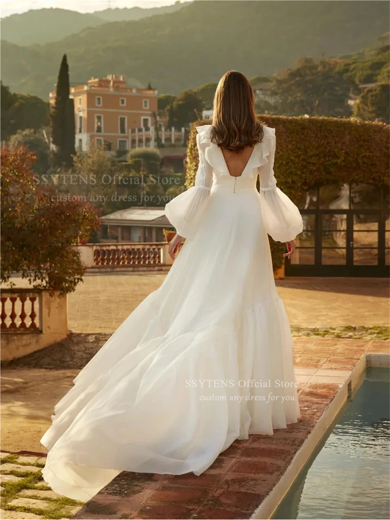 فساتين زفاف رسمية على شكل حرف a من SSYTENS على شكل حرف v وأكمام منتفخة فستان زفاف الشاطئ 2026 فساتين حفلات الزفاف البوهيمية حسب الطلب #2
