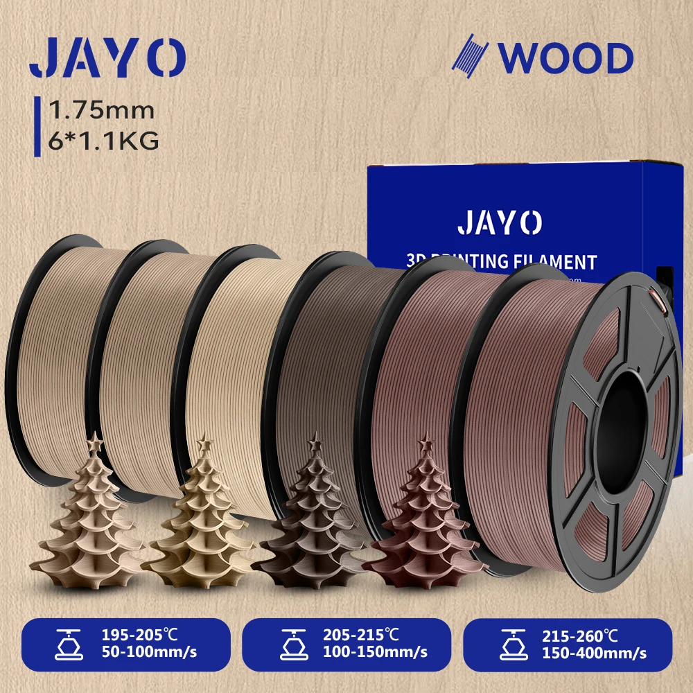 JAYO 6 Rollen 3D-Holz-PLA-Druckerfilament, 1,75 mm, 15 % echte Holzfaser und umweltfreundliches HOLZ, passend für die meisten FDM-3D-Drucker