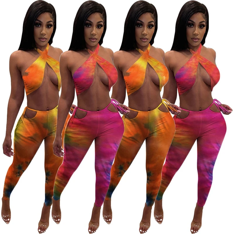 Tie Dye Sexy Tweedelige Outfits Voor Vrouwen 2022 Party Club Wear Zomer Co Ord Sets Halter Crop Top 2 stuk Broek Set Bijpassende Sets