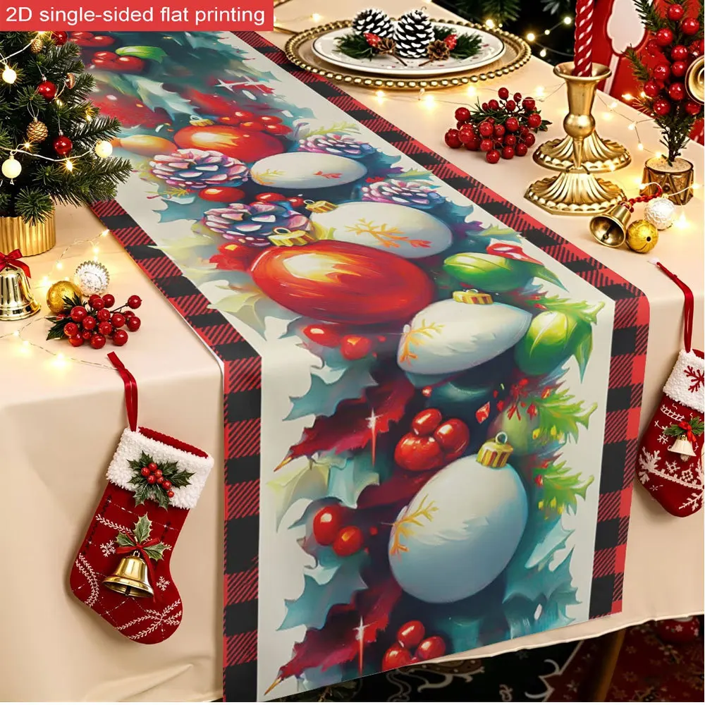 Linen Table Runner Farmhouse Christmas Red Truck  Barn Scene on Off White Winter Table Decor  Dining