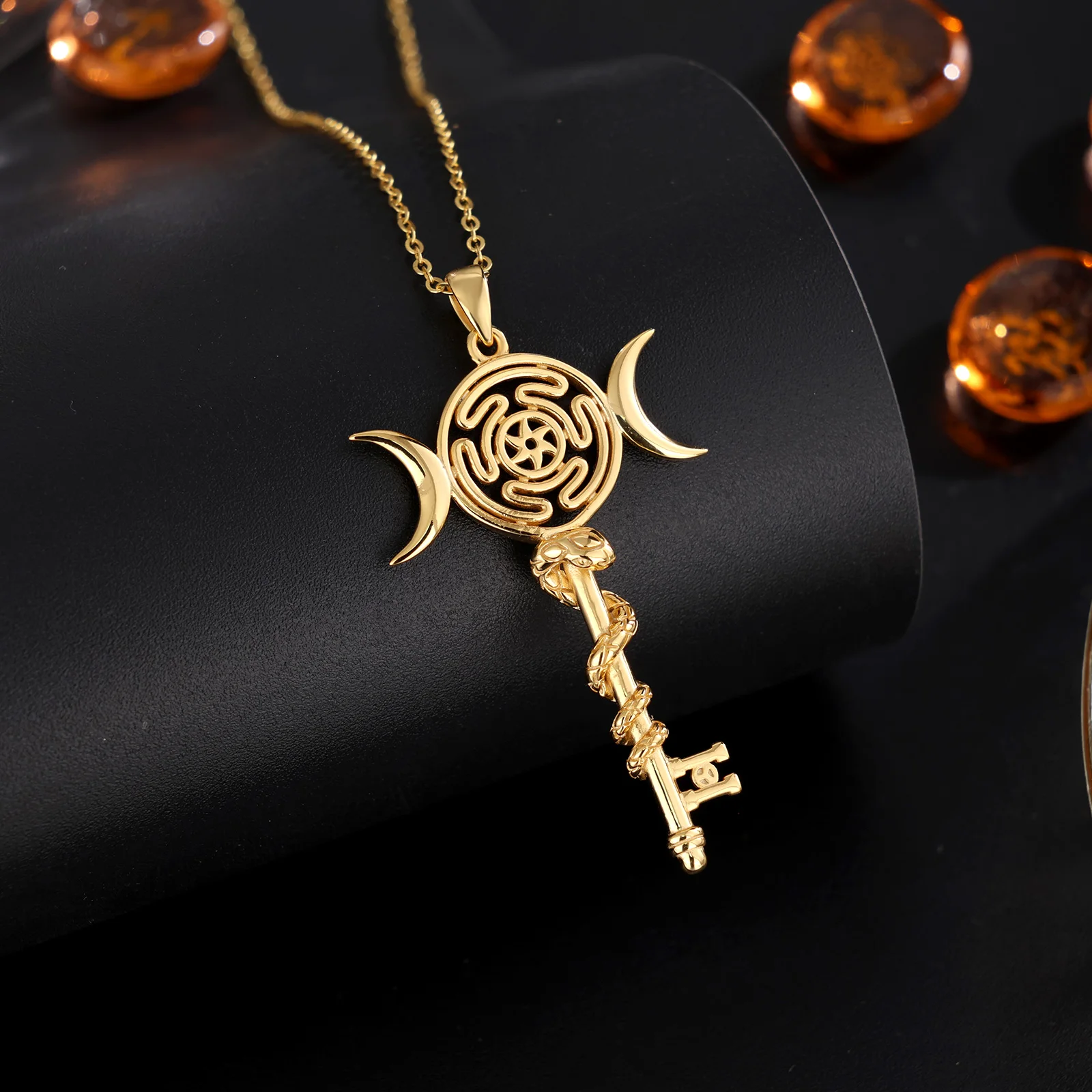 AEONSLOVE Gold Plated Sterling Silver Hecate Snake Necklace Women Triple Moon Goddess Key Pendant Spiritual Jewelry Witch Amulet view 2