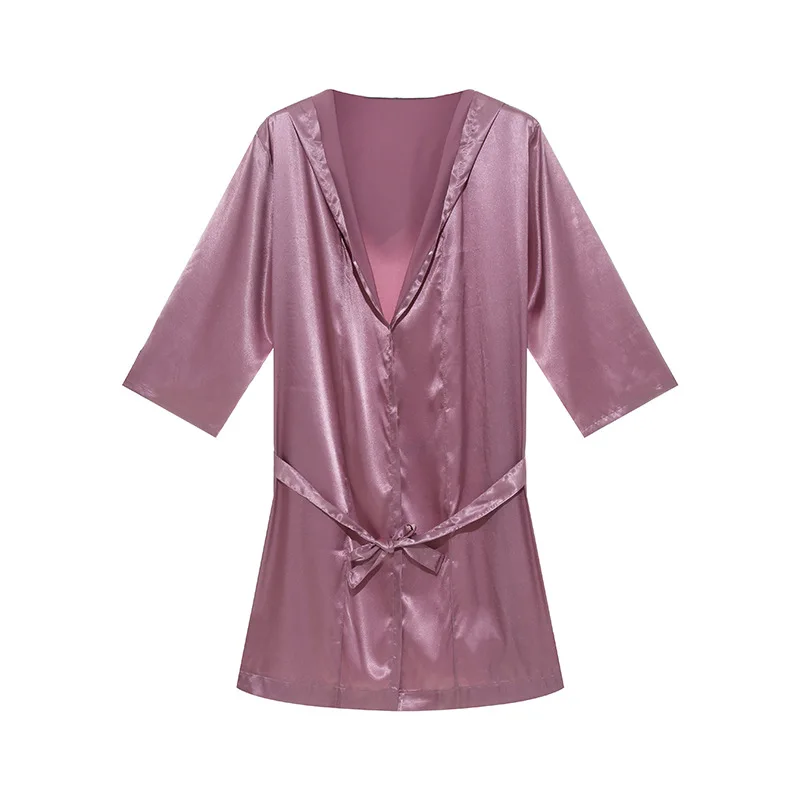 Mens Hooded Bathrobe Short Sleeve Couple Pajama Bath Robe Summer Silk Satin Nightgown Kimono Loose Bathrobe Sleepwear