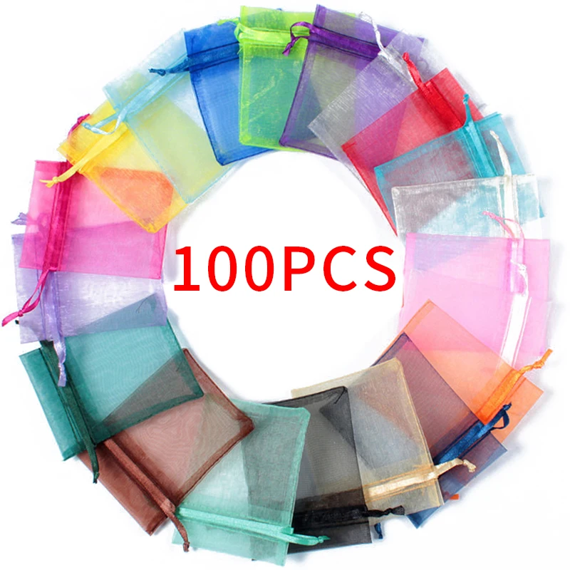 

100pcs Drawstring Jewelry Bag Pouch Organza Jewelry Packaging Bags Wedding Party Decoration Drawable Storage Bags Gift Pouches