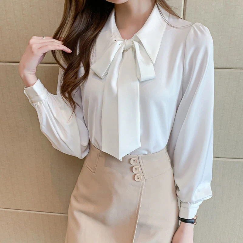 White Elegant Chic Bow Work Wear Korean Fashion Blouse Top Women Spring Autumn Lapel Long Sleeve Button Up Shirt Chemisier Femme