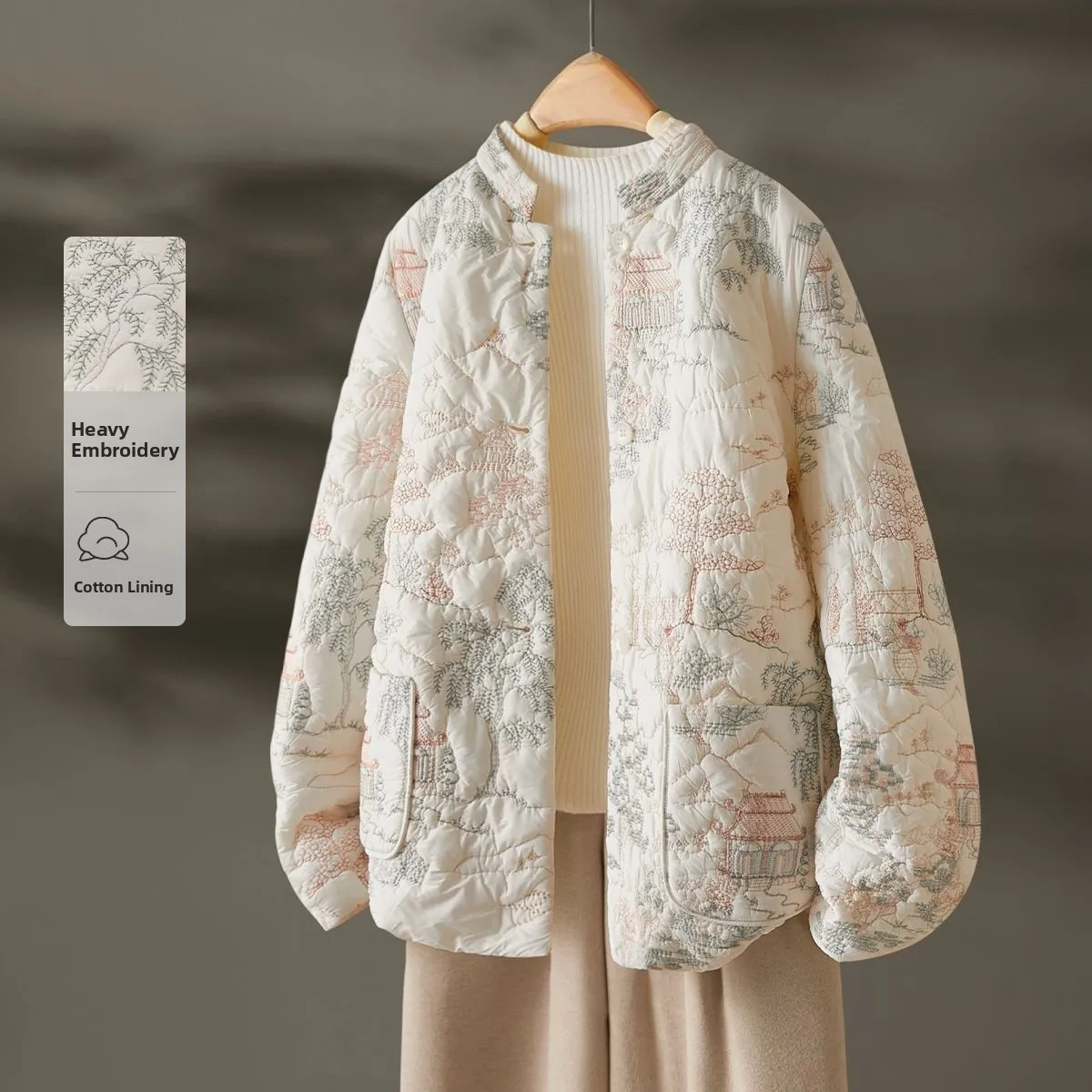 

New Chinese Sle Embroidered Cotton Jaet 2024 Winter Faion Heavy Work Embroidery Garden Sle Women's Long Sve Stand ...