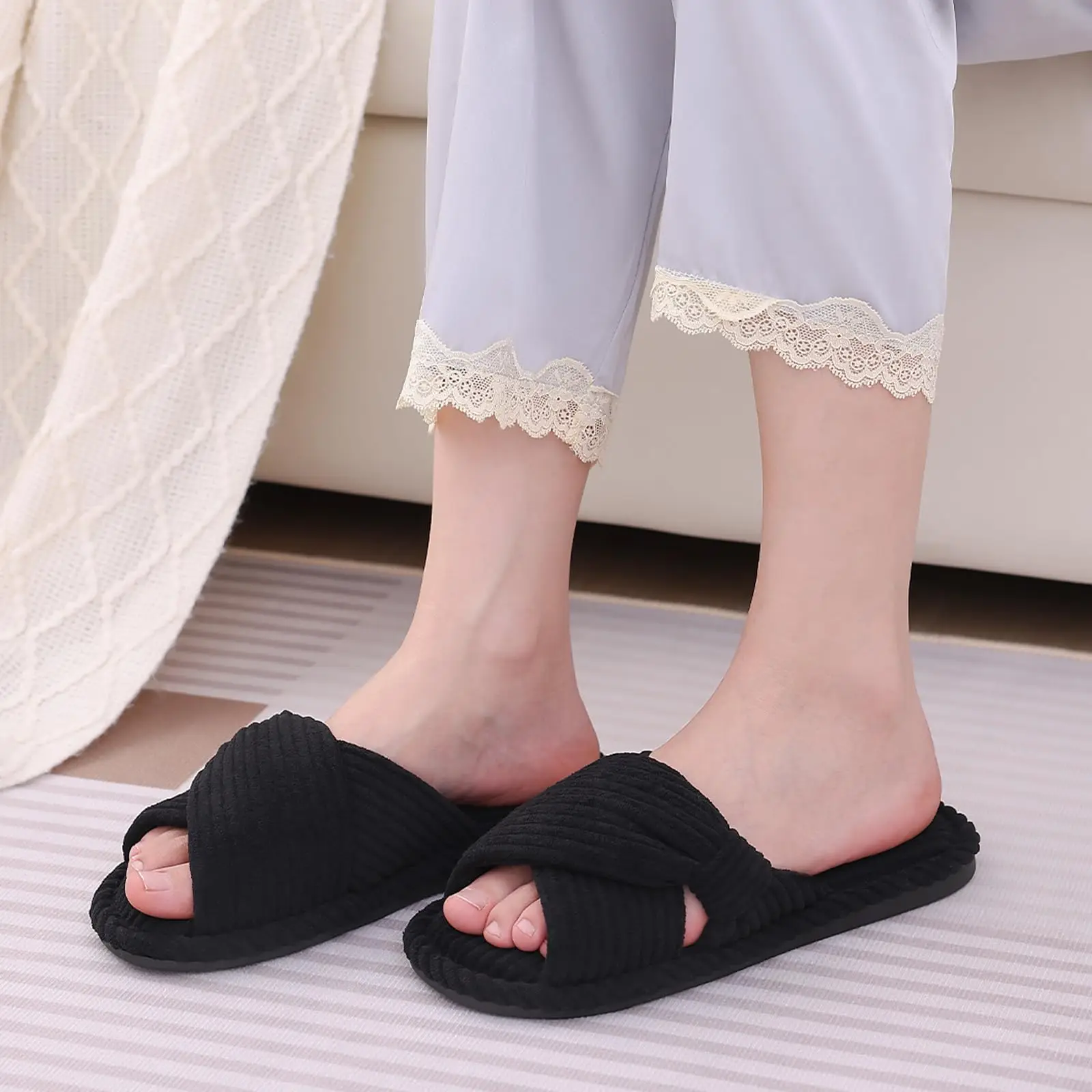 Litfun Women Corduroy Home Slippers Light Soft Sole Four Seasons Shoes Breathable Female Slides With Memory Foam Bedroom Slipper