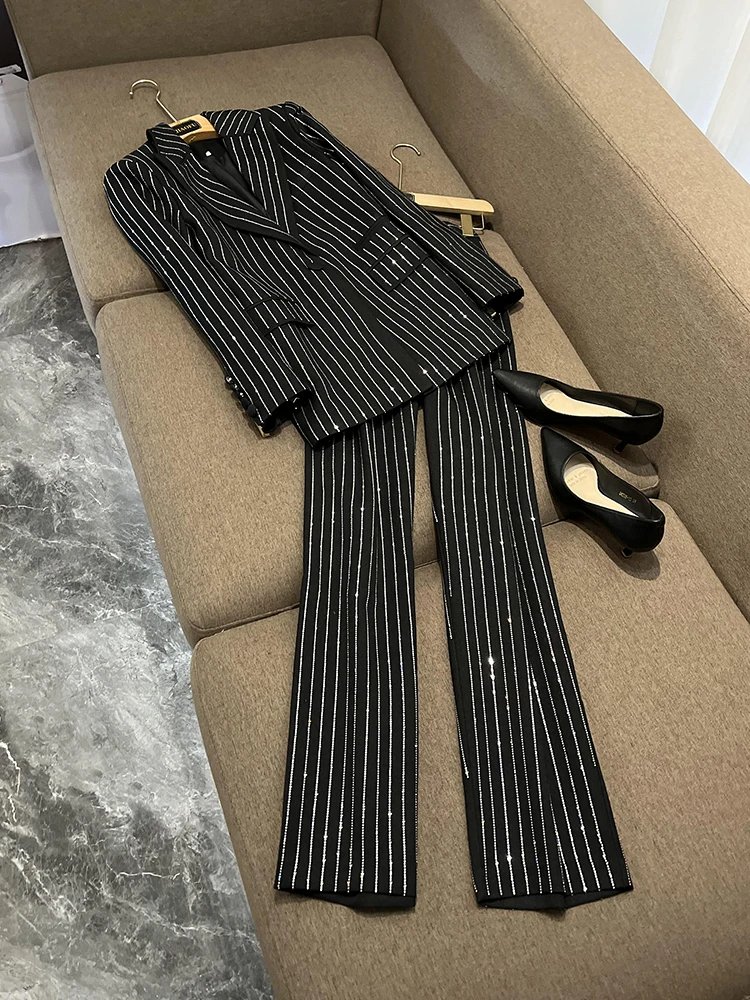 

Celebri Ele, свободный костюм с бриллиантами, джерт и брюки, комплект из двух предметов, блестящая рабочая одежда, профессиональная одежда