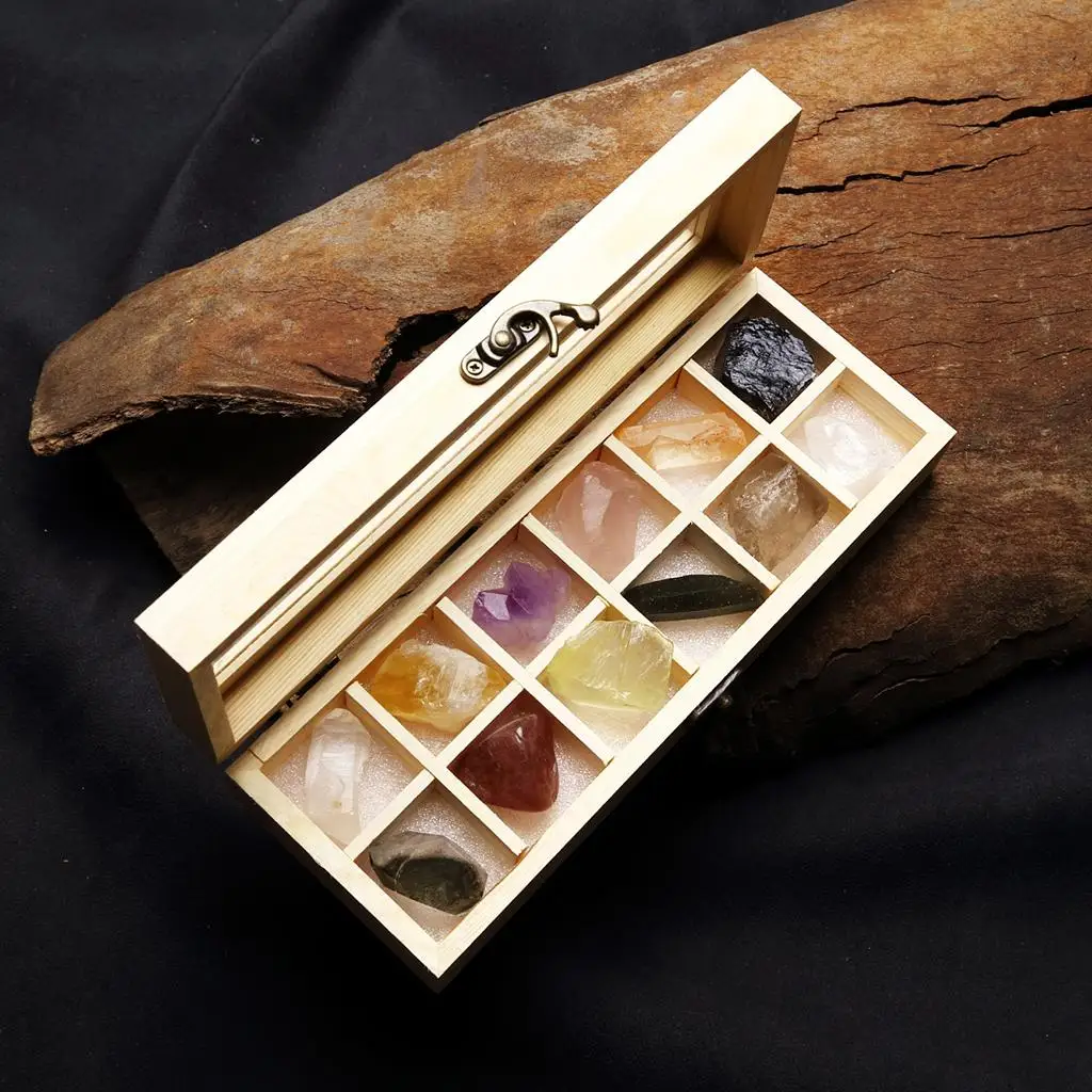 Wooden Box of 12pcs Mineral Collection Kit (Crystal / Citrine / Amethyst / Rose / Black , etc)