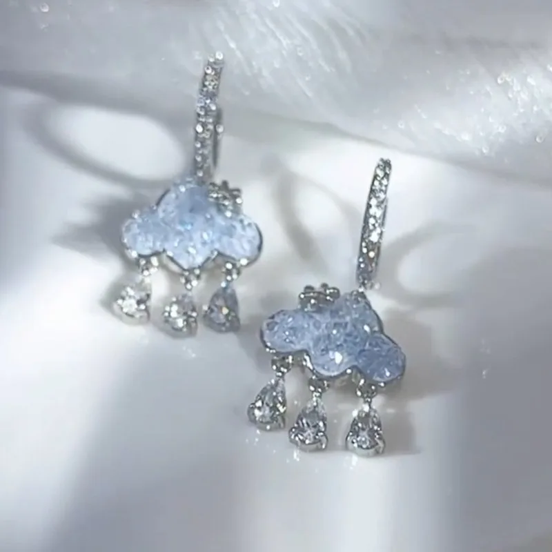Korean Cute Cloud Hanging Earrings Blue Crystal Rain Cloud Drop Earring Aesthetic Kawaii Zircon Hoop Dangle Earrings Jewelry