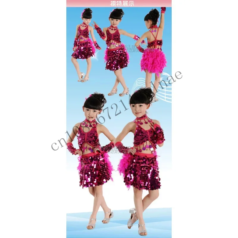 Gaun anak-anak, anak-anak perempuan, pakaian Latin Samba, gaun bulu Ballroom, kostum dansa payet CM