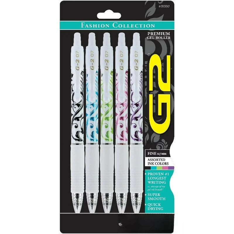

Гелевые ручки G2 Retractable White Barrel Fashion Collection, тонкий наконечник, 0,7 мм, разные цвета чернил, 5 штук в упаковке