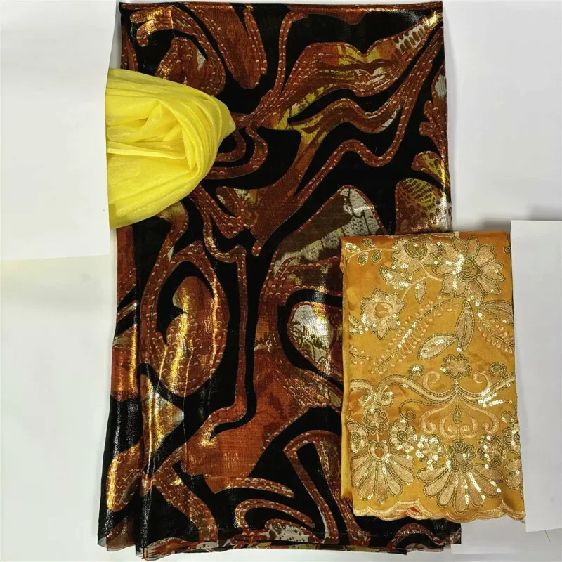 

2+2+3.65 Yards With Scarf gold African Lace Chiffon printing Silk Bridal Wedding Lace Fabric Nigerian Tulle Lace For Women 12L8