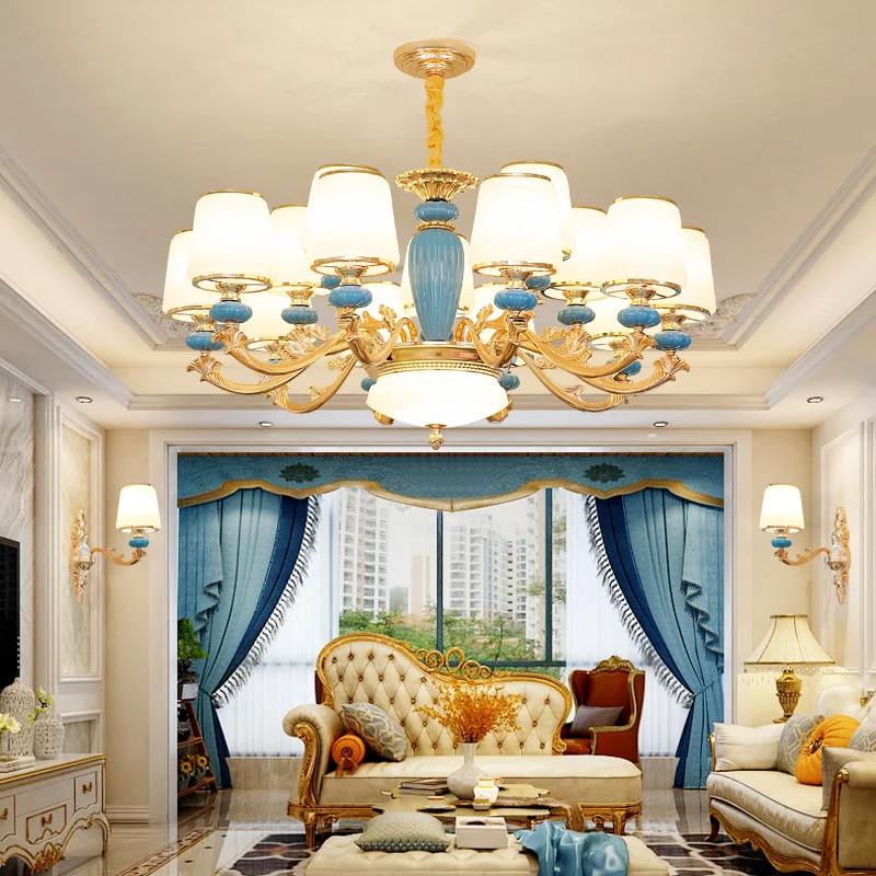 

Blue Ceramic Chandelier Gold Metal Glass Shade Luxury Villa Living Room Light New Design Bedroom Dining Room Light LED Wall Lamp