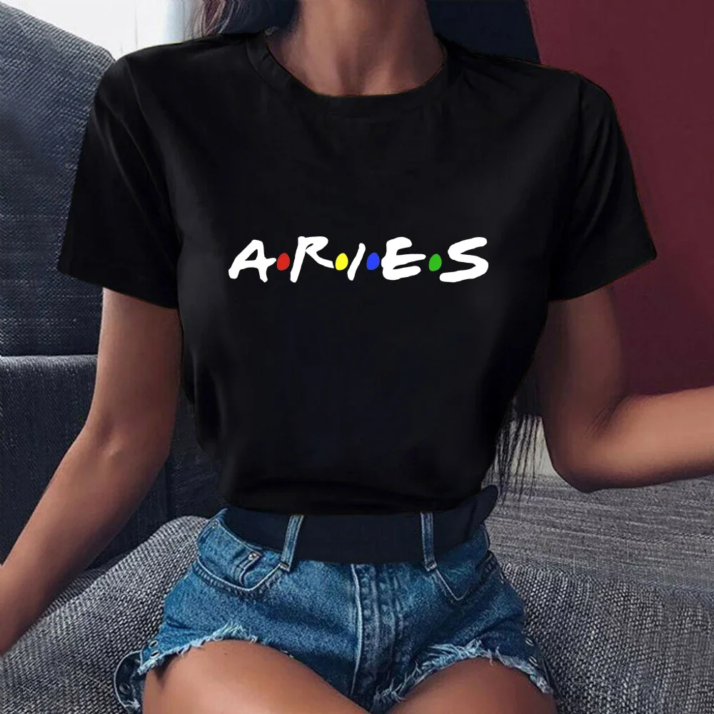 Women Casual Black Tshirt Twelve Constellations Zodiac Sign Aries Tshirt Women Summer Fashion Short Sleeve O-neck T-shirt