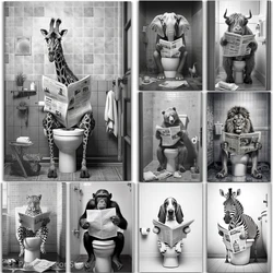 Divertente bagno umorismo Poster animale seduto sul water lettura di un giornale opera d'arte pittura camera ufficio Cafe decorazioni da parete per la casa