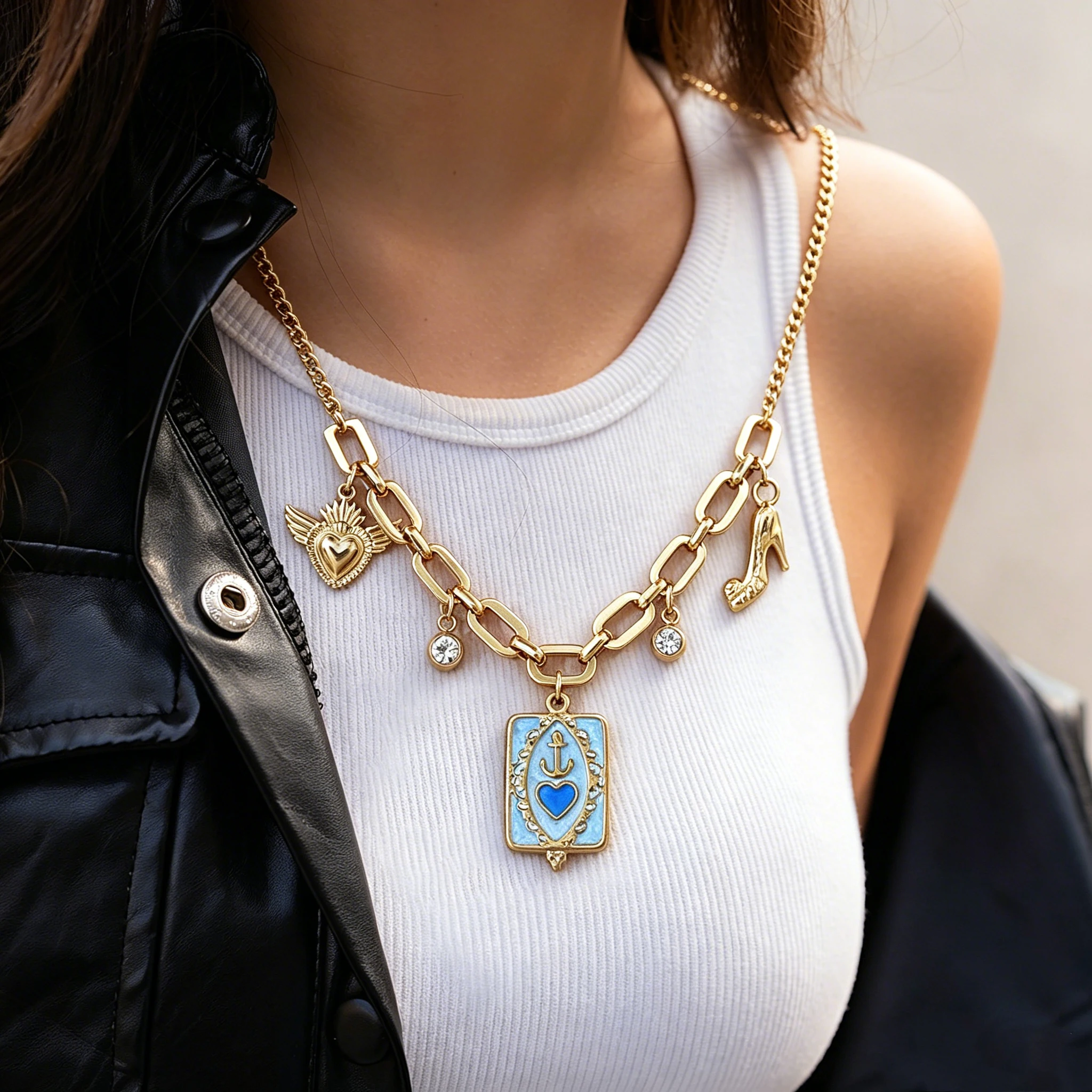 

Freetry Trendy Pink Blue Square Pendant Stainless Steel Necklace for Women Chunky Waterproof Necklace Valentine's Day Jewelry
