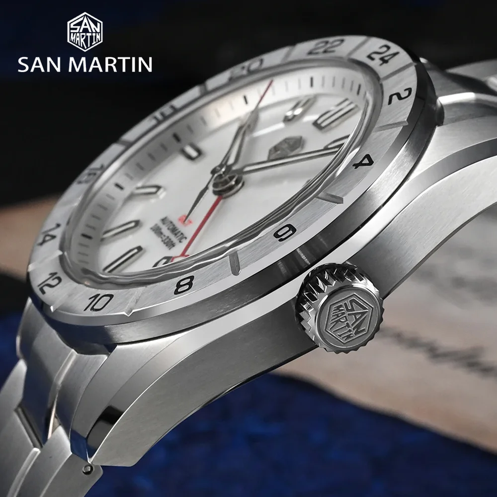 San Martin Original 42mm MOP Dial Men Luxury Watches Business Dress Watch NH34 GMT Automatic Mechanical Sapphire Luminous 10Bar