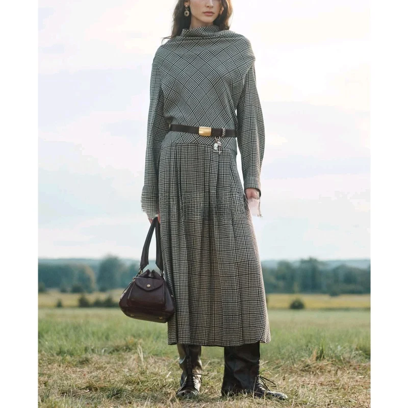 Inverno novo plus size feminino dr com cinto férias sle plissado em camadas bainha xadrez longo dr cintura alta poliéster longo sve