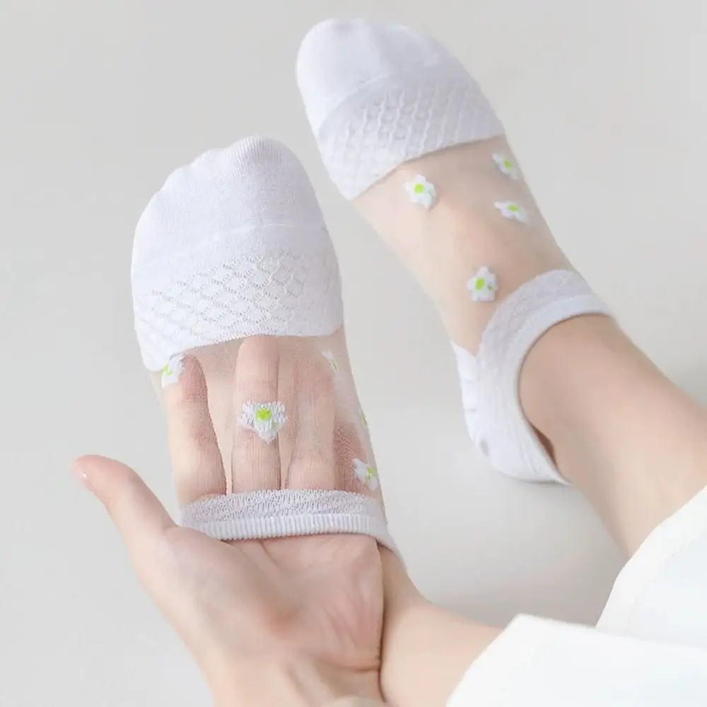 

10Pairs Simple Floral Glass Silk Boat Socks Thin Breathable Flower Invisible Socks Glass Silk Sweet Mesh Short Sock Summer