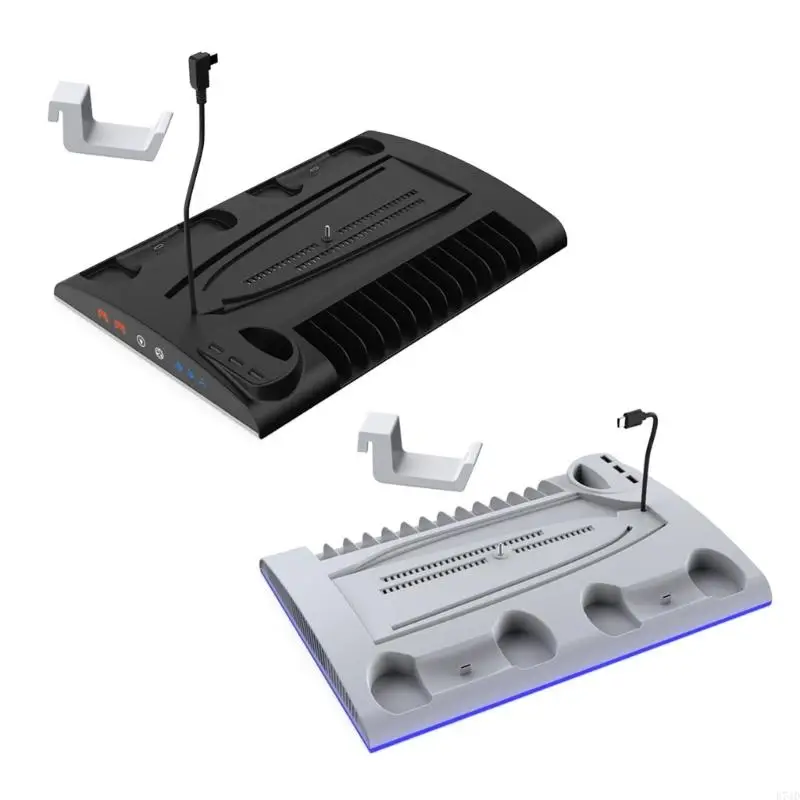 

E74D Vertical Stand for Game Console with Light Headphone Holder Game Cartridge Slot & Cooling Fan Charging Dock
