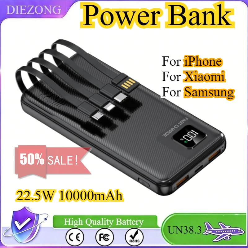 

New 22.5W 10000mAh Portable Power Bank Fast Charging For iPhone For Xiaomi For Samsung With USB Type C/Lightning/Micro USB