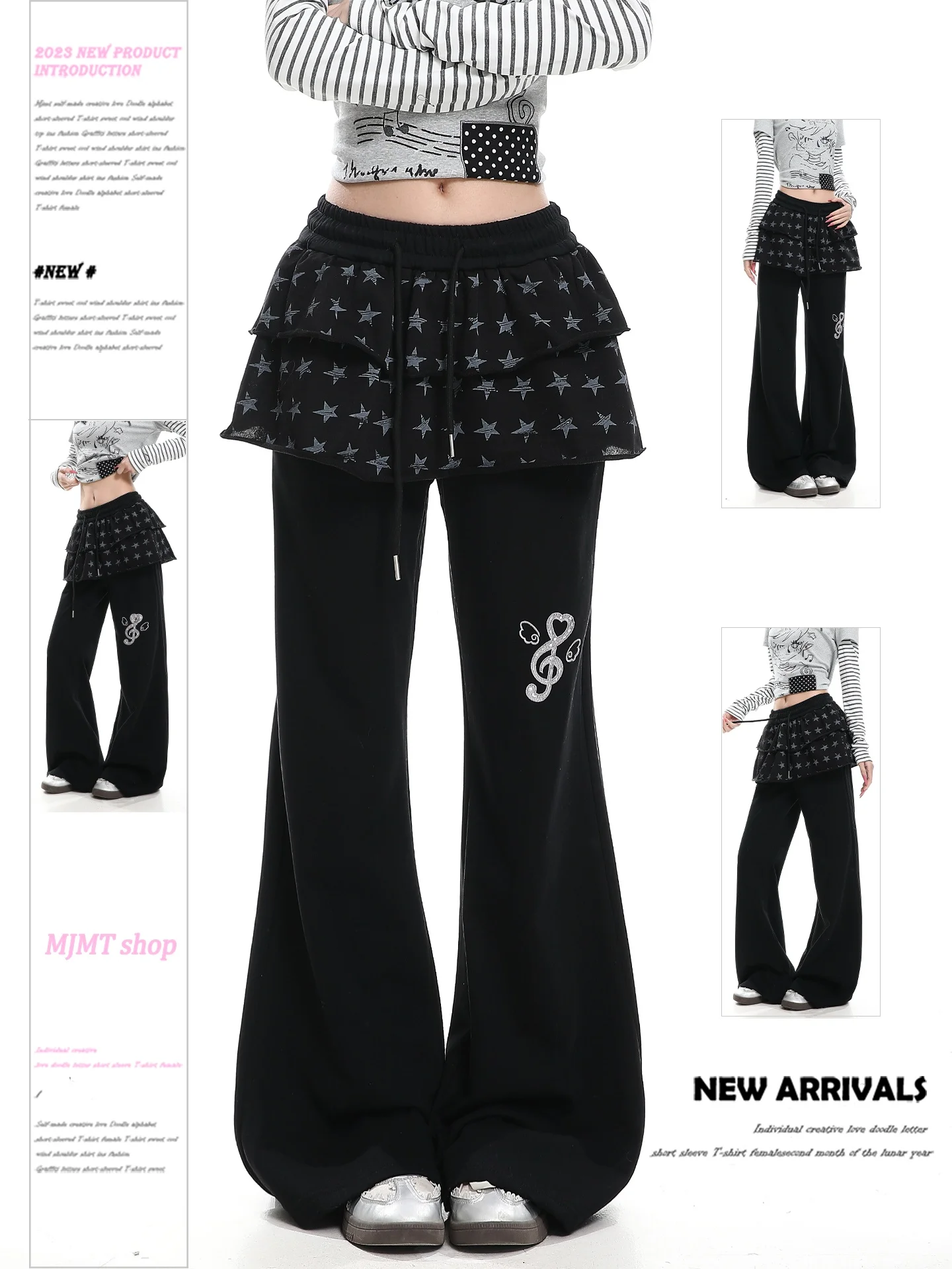 

Casual Star Print Flared Pants Women's Spring Slimming Design Long Trousers Fake Two-Piece Light Asian Style Loose Fit