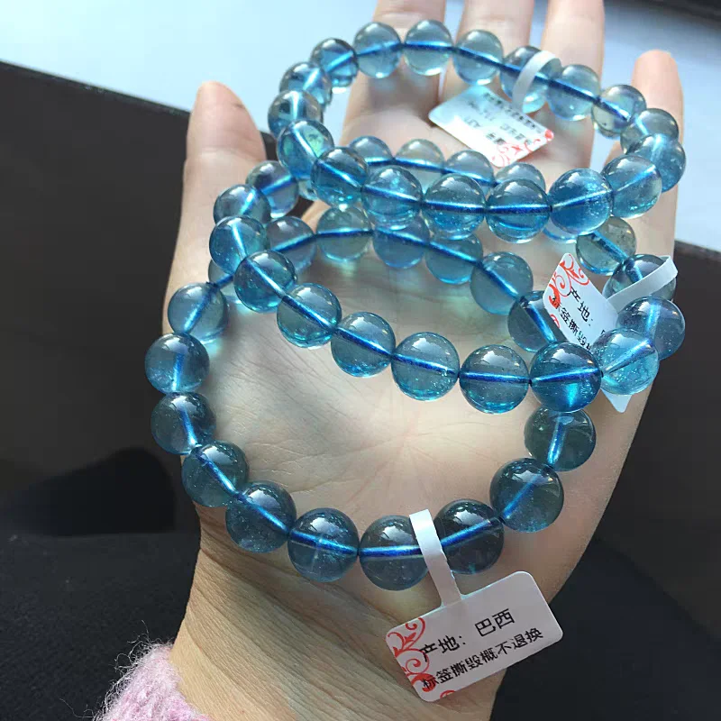 Natural Blue Aquamarine Clear Round Beads Bracelet Women Men Brazil Stretch Deep Blue Aquamarine Jewelry AAAAAAA