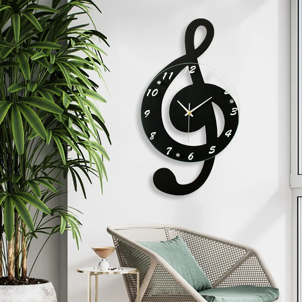 

Black Silence Wall Watch Clock Musical Note Wall Mounted Clock Creative Office Home Decor