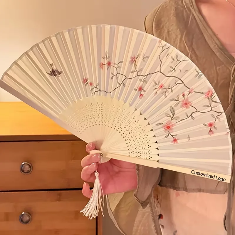 Personalized Custom 10Pcs Elegant Floral Folding Fans for Women with Tassels - Beige and Pink Design, Custom Text (Name, Time), Lightweight Handheld Fans Suitable for Weddings, Parties, Photography - Vintage Wedding Accessories, Women's Birthday or Anniversary Gifts, Etc