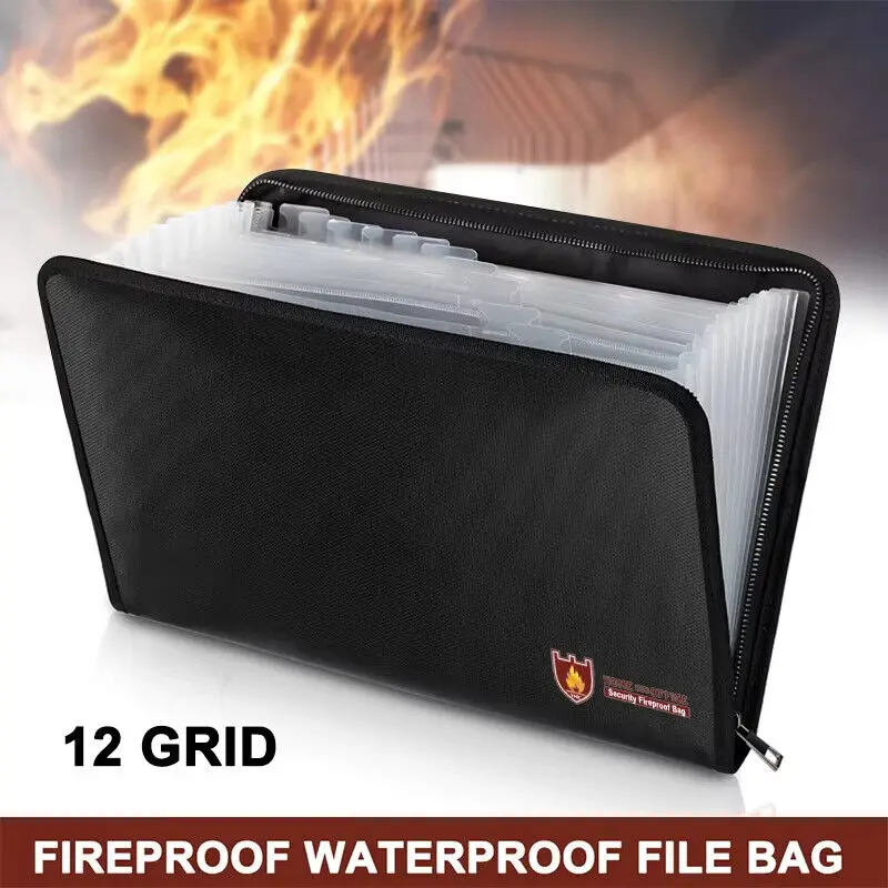 Fireproof Document Bag 12 Pockets Safe Envelope for Cash Passport Document Files Flame Retardant Briefcase Expanding Folders