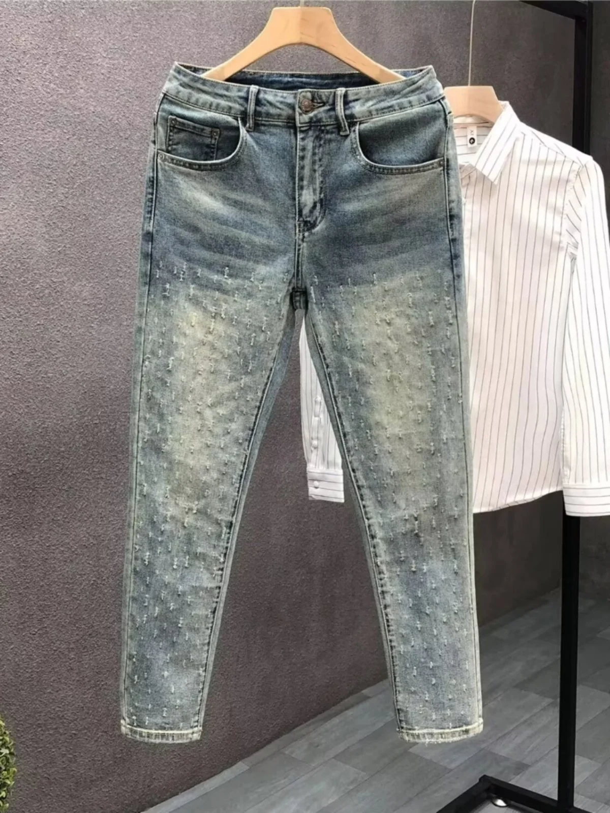 

Модные синие джинсы Celeb, мужские облегающие эластичные джинсовые брюки, весна-лето, новые молодежные износостойкие длинные брюки