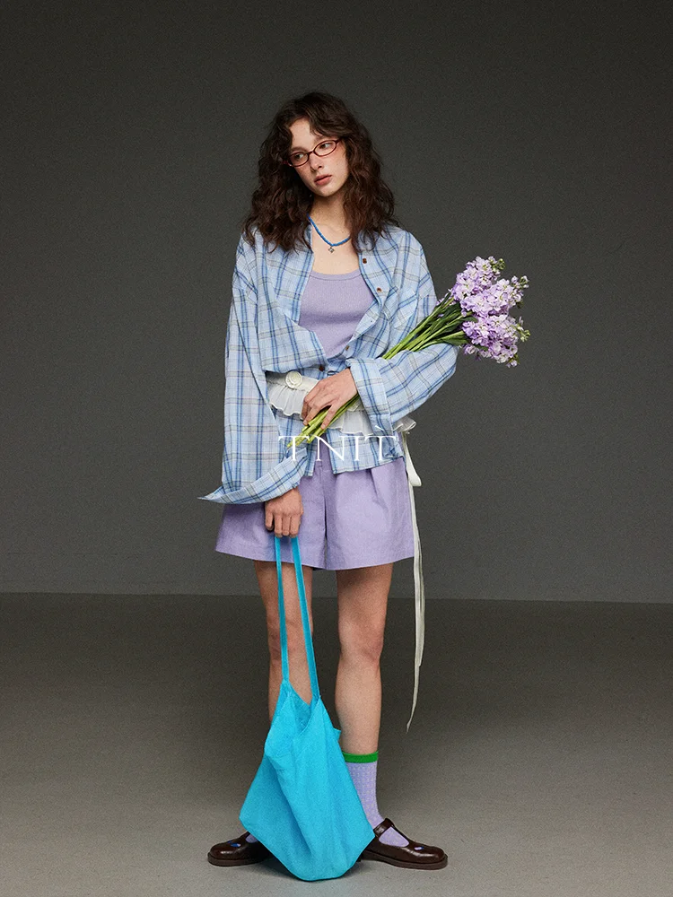 

TNIT Blue Plaid Heart ket Women's Summer Casual Loose irt Sun Protection Outerwear Vintage Commute Sle Long Sve Pol...