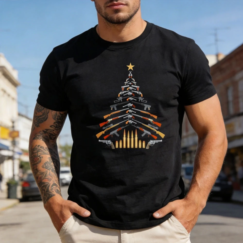 Gun Lovers Gift Tshirt Military Veteran Holiday Guns Christmas Tree T-Shirt Men Crewneck Cotton Short Sleeve Creative Streetwear