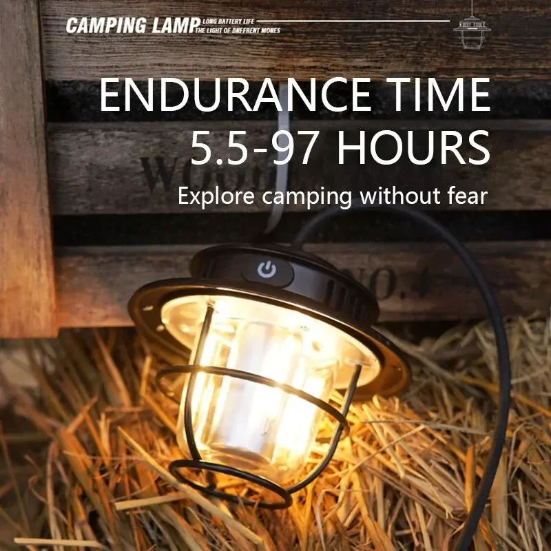 Retro Portable Camping Lantern Waterproof Emergency Light Stepless Dimmable Hanging Tent Lamp for Outdoor Hiking