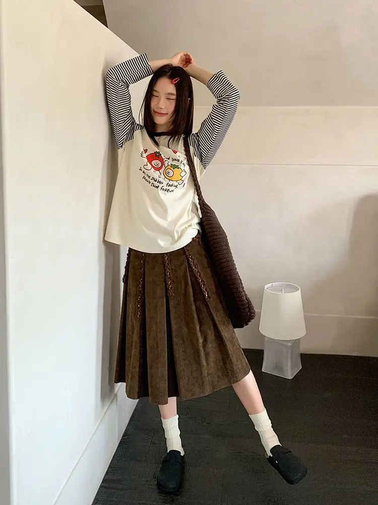 

Gagarich жемчужная трехмерная кружевная плиссированная женская осень-зима 2025 ретро полосатая бархатная юбка до половины тела с высокой талией