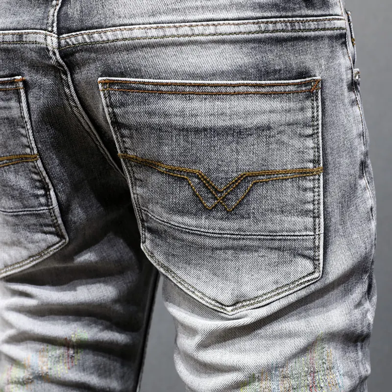 Fashion Streetwear Men Jeans High Quality Retro Gray Stretch Slim Fit Ripped Jeans Men Embroidery Designer Vintage Denim Pants