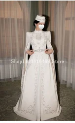 Elegant Arabic Wedding Dresses 2024 For Women High Neck Embroidered Beaded Long Sleeve Muslim Bridal Dresses White Satin فساتين