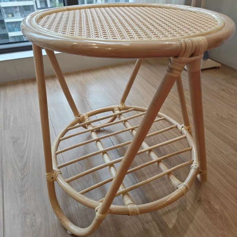 Japanese Style Side Tables Handmade Rattan Tea Tables 2-Layer Creative Small Table for Living Room Minimalist Home Furniture