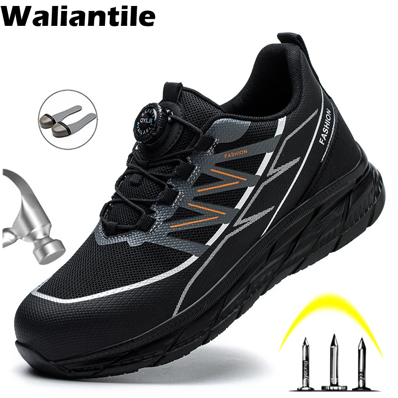 

Waliantile Men Lace Free Safety Shoes Puncture Proof Anti-smashing Industry Working Boots Non-slip Indestructible Work Sneakers