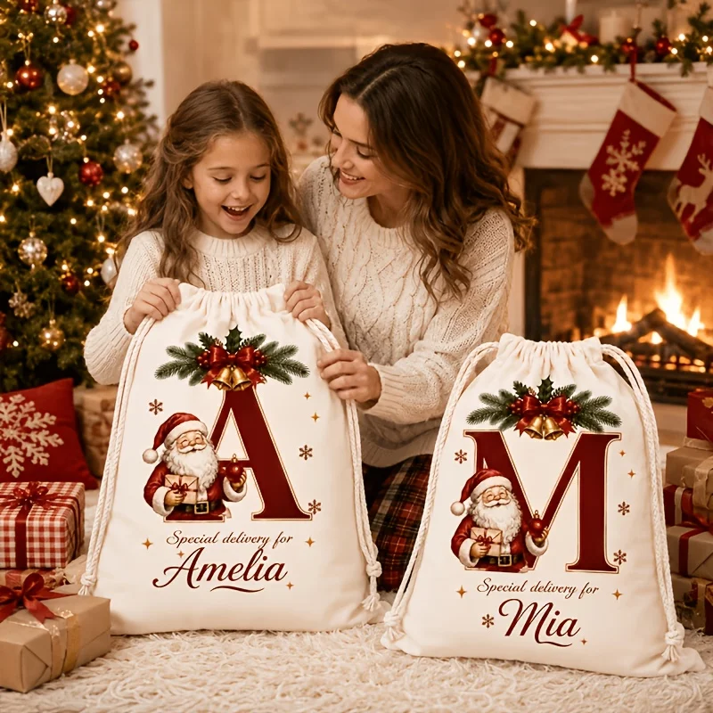 Personalized Custom 26Initial and Name Christmas Canvas Gift Bag Print Cotton Drawstring Bag Xmas Storage Pouch Holiday Gift Bag