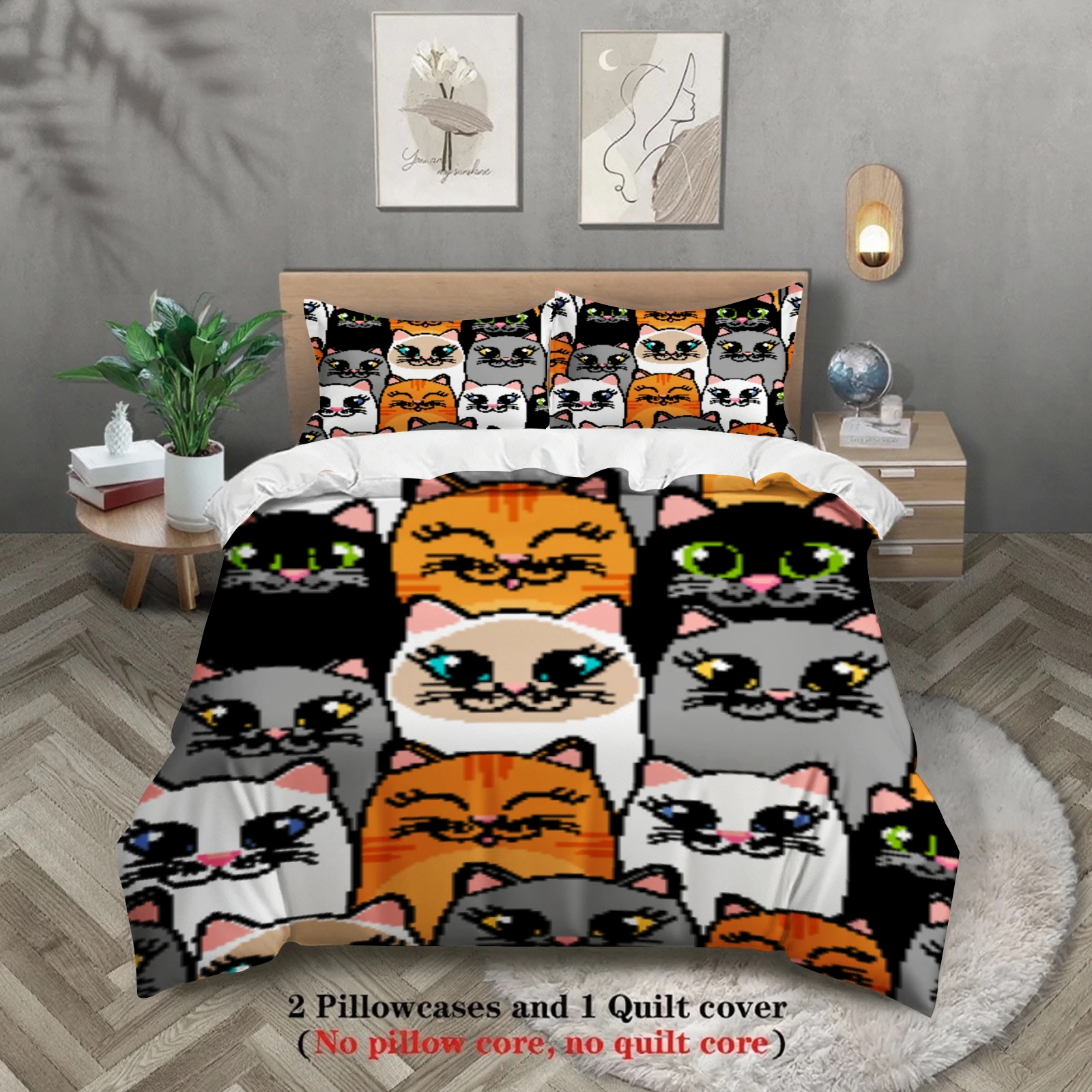 Cute Cat Face Bedding Sets Comforter Not Included Cartoon Animal 3D Printed 3pcs 100% Polyester Duvet Cover With 2 Pillowcases