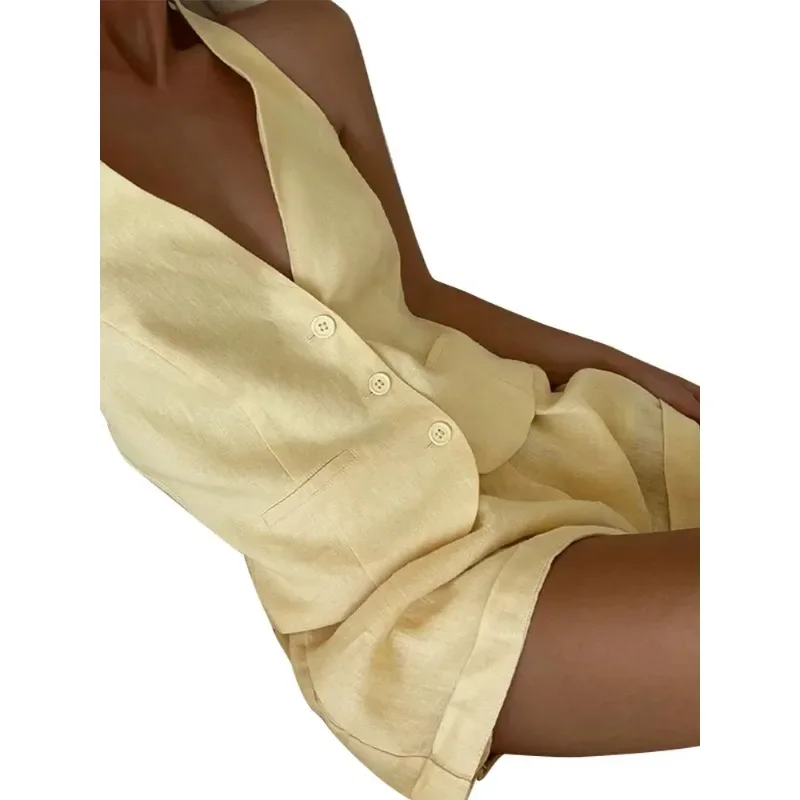 

Women Halter Vest Short Suit Lemon-yellow V-neck Single Breasted Sleeve Tops Loose Waist Pockets Sets Female Lady Beachwear