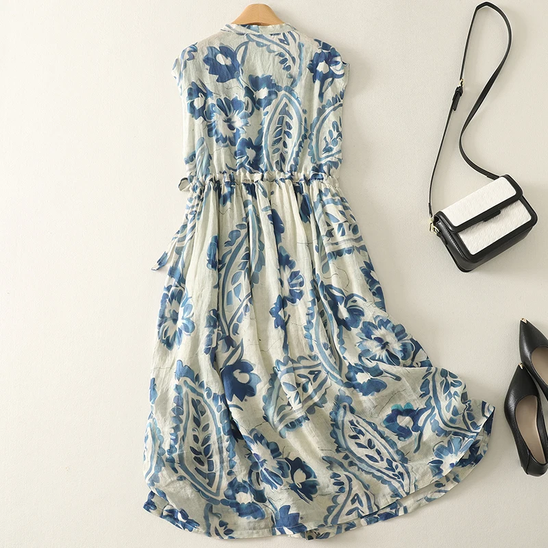 V-neck Blue Floral Printed Boho Style Cotton Linen Dress Women Summer Holiday Beach Sleeveless Long Dress Elegant Ladies A-line