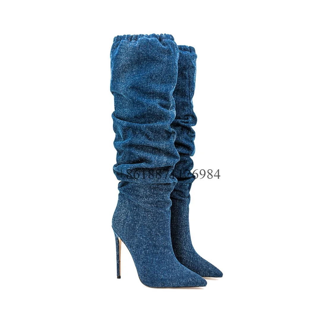 Sexy Style Soild Pointed Toe Knee-High Women Fold Boots Stiletto High Heels Elastic Band Design Large Sizse Fashion Show Shoes