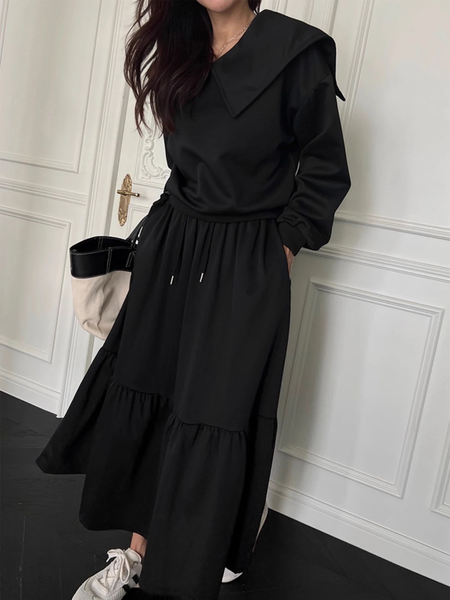 Chique herfst lang Sve-sweatshirt dames hoge taille A-lijn rok set casual comfortabele outfit woon-werkverkeer Sle pure kleur