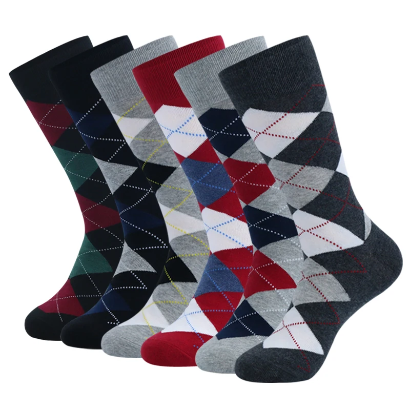 6 Pairs Mens Argyle Dress Socks Plus Size，High Quality Combed Cotton Crew Socks，Black Cool Breathable Casual Socks for men